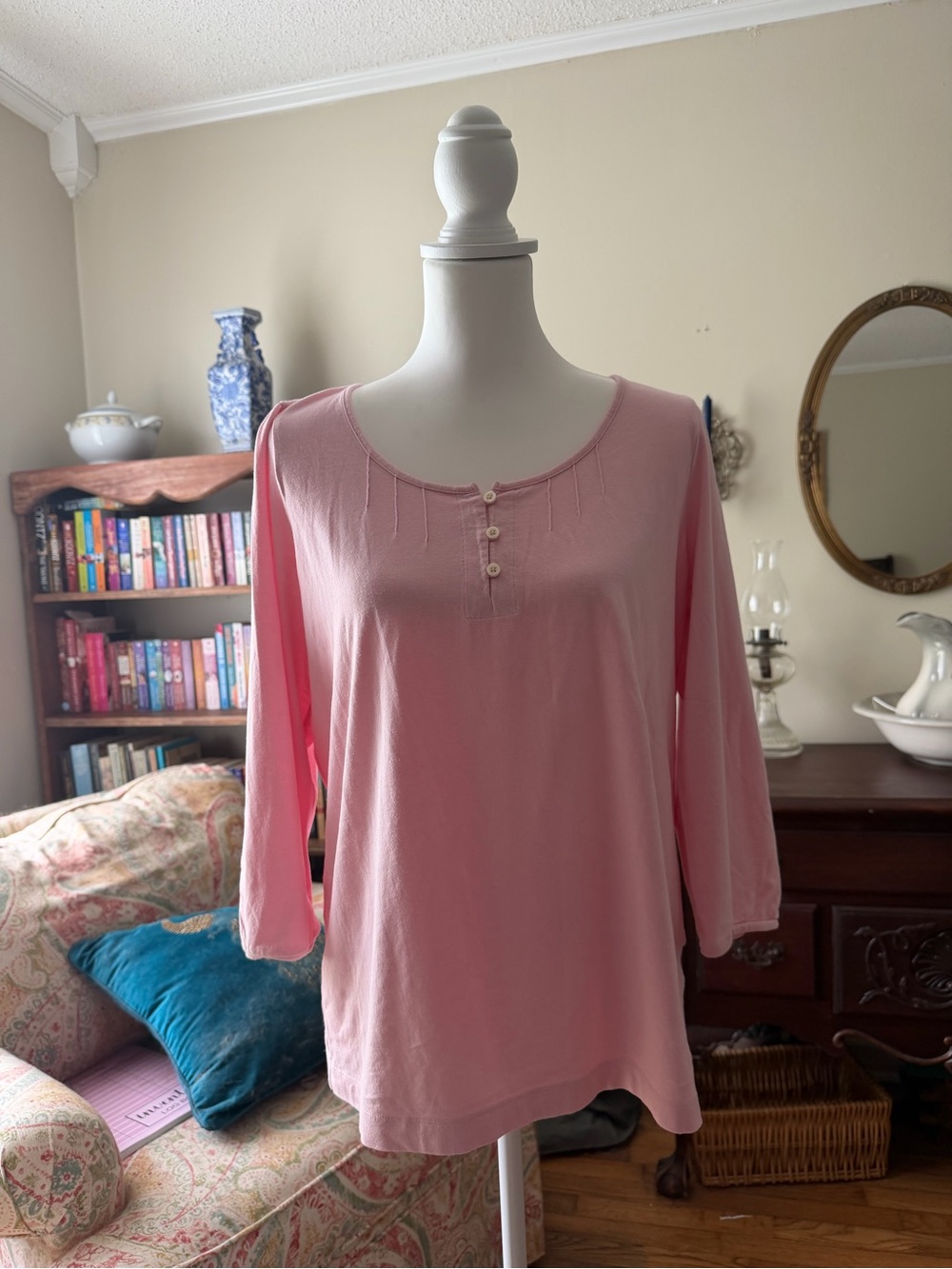 Lands End Pink Women's Scoop Neck Button Henley Top